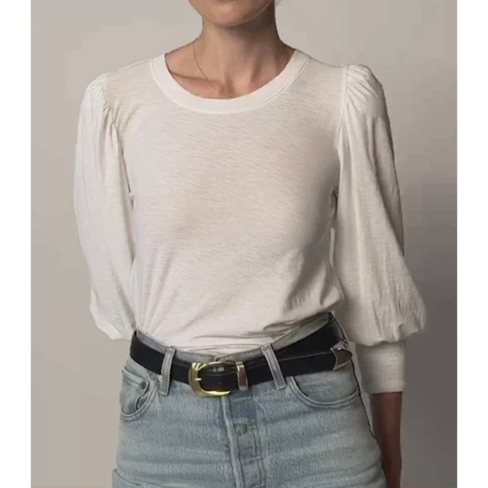 Nation LTD Loren Smocked Peasant Tee White Pima Cotton Puff Sleeve Top XS